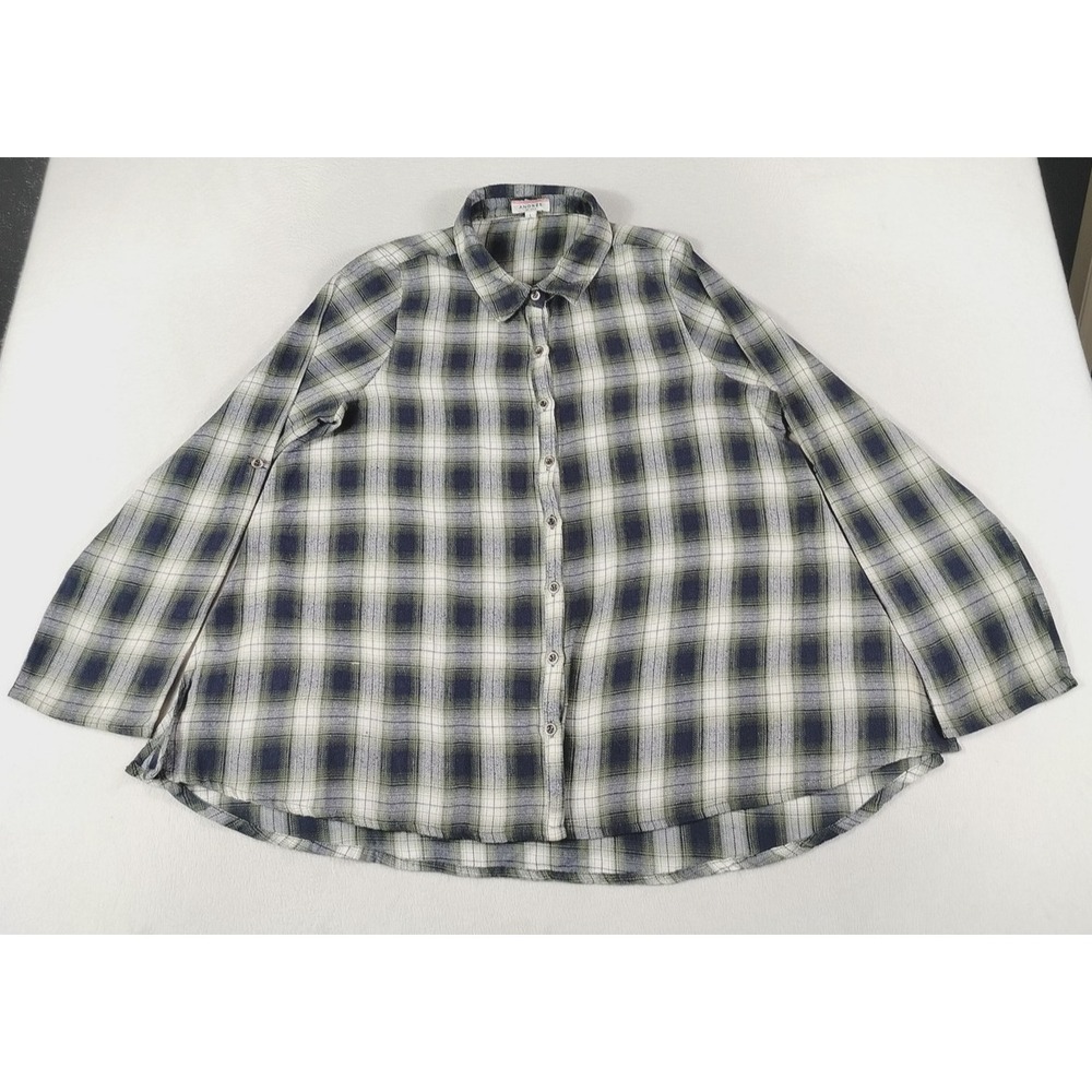 Andree By Unit Shirt Womens Large Blue Plaid‎ 3/4 Sleeve Flannel Button Front